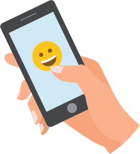 hand that holds a smartphone with a happy smiley