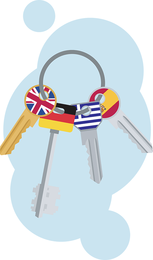 A bunch of keys with flags of different countries on it. Simbolizing multilingual keywords
